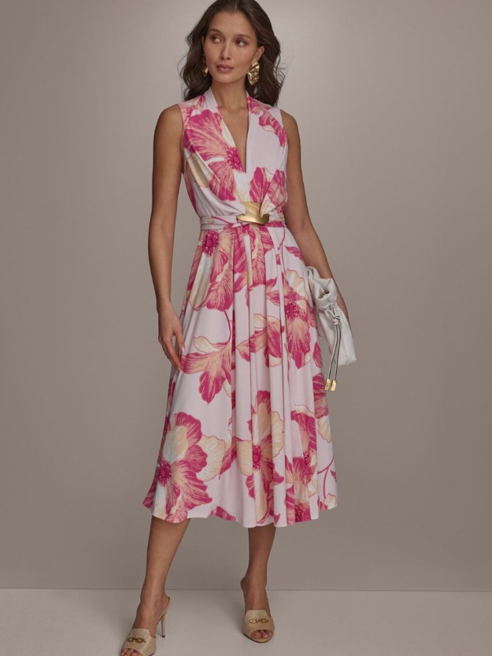 Donna Karan New York Floral Midi Dress With Gold Belt Size 2 Pink & Yellow